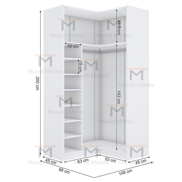 Módulo Closet Canto A200Xlx98Xly108 C/ Nichos E Cabideiro M366.B